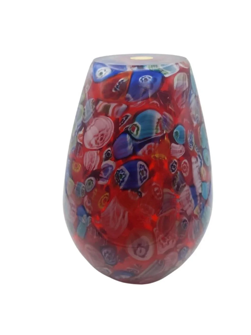 Murano Millefiori Art Glass Vase Hand Blown Red Murrine Canes Aventurine Italy